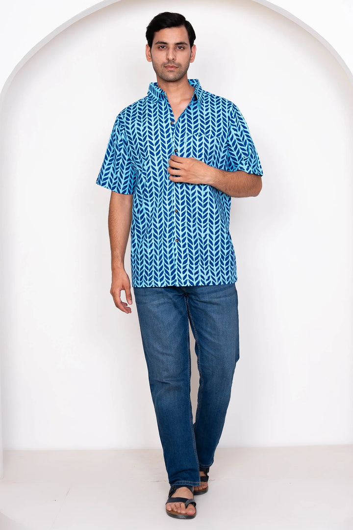 Blue Leaf Printed Matching Top & Shirt Couple Twin Set