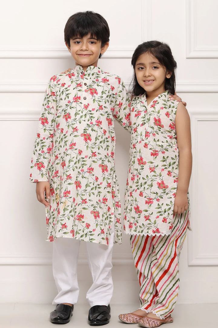 White and Multifloral Collared Suit with Matching Kurta Pyjama Twin Set for Brother and Sister
