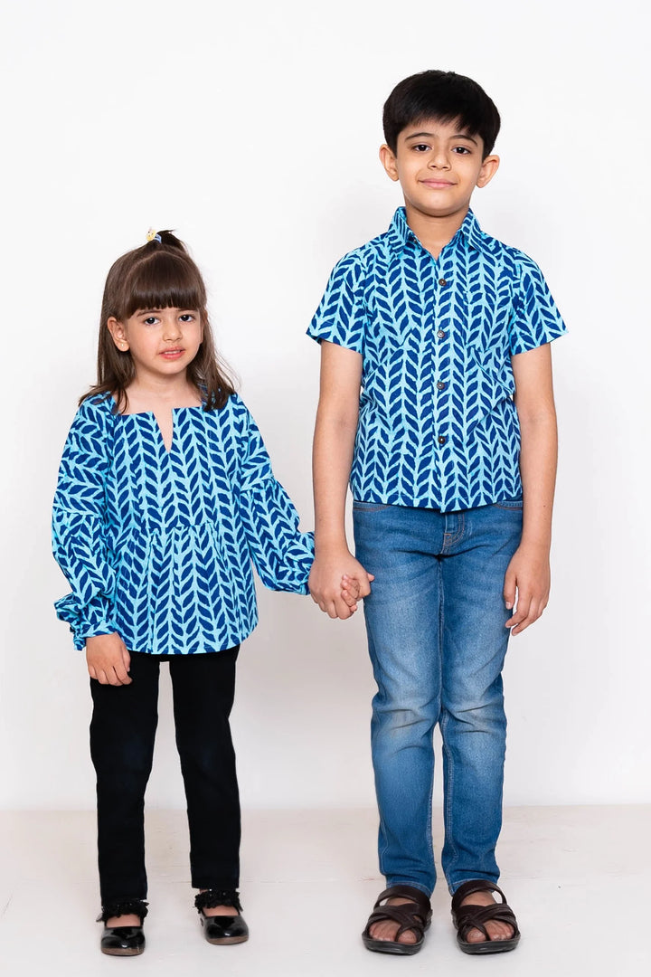 Blue Leaf Printed Matching Top & Shirt For Brother and Sister
