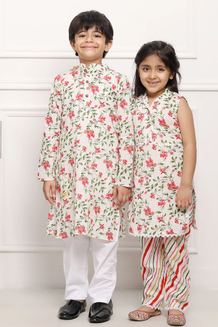 White and Multifloral Collared Suit with Matching Kurta Pyjama Twin Set for Brother and Sister
