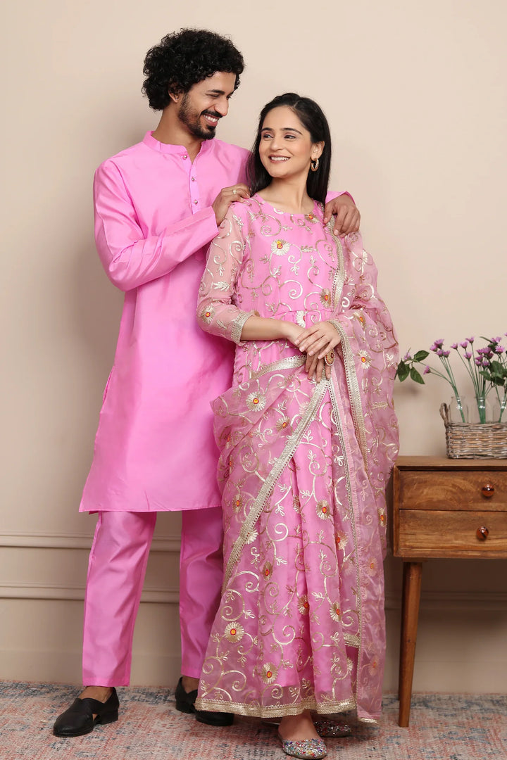 Elegant Ethnic Couple Set: Rouge & Silver Gota Patti Gown with Kurta Pyjama
