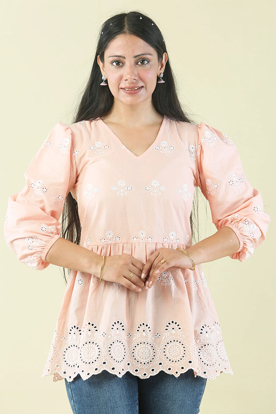Peach Cutwork Tops Mom and Daughter Twin Set
