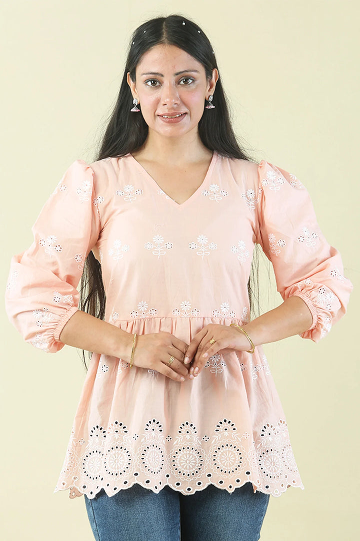 Peach Cutwork Tops Mom and Daughter Twin Set