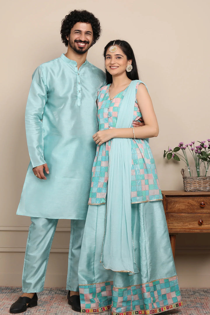 Aqua Blue Lehenga and Peplum Top Twin Set with Matching Kurta Pyjama Couple Set