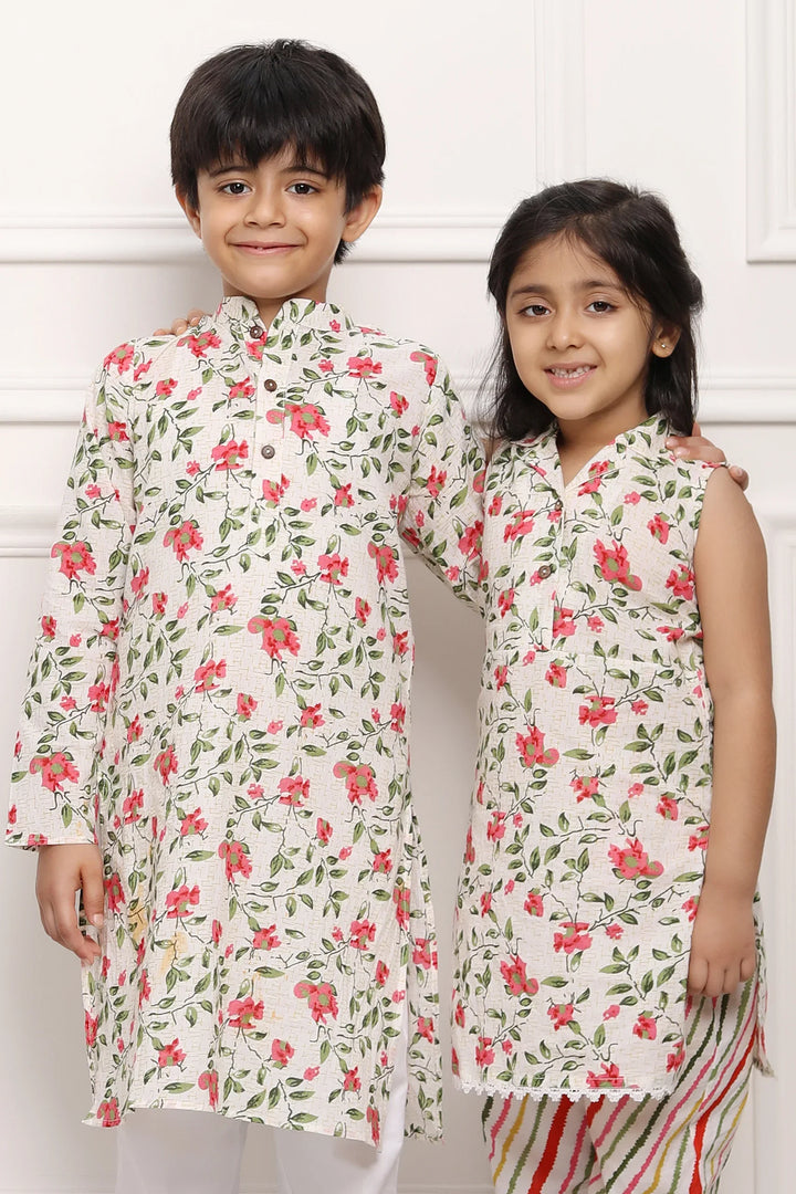 White and Multifloral Collared Suit with Matching Kurta Pyjama Twin Set for Brother and Sister