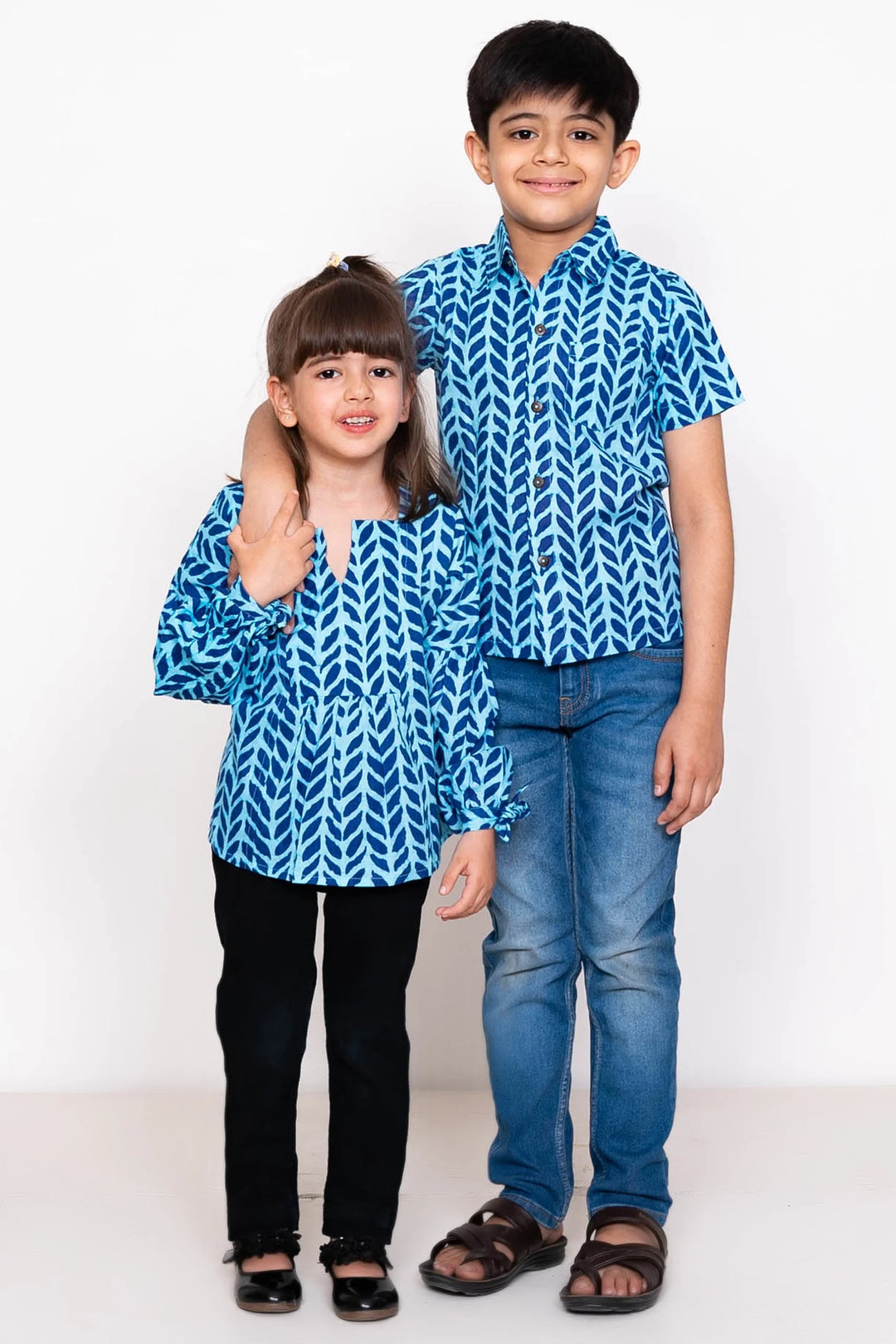 Blue Leaf Printed Matching Top & Shirt For Brother and Sister