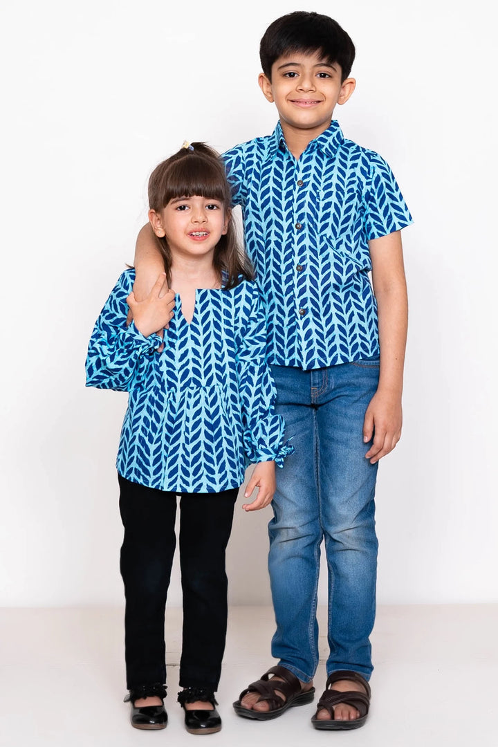 Blue Leaf Printed Matching Top & Shirt For Brother and Sister