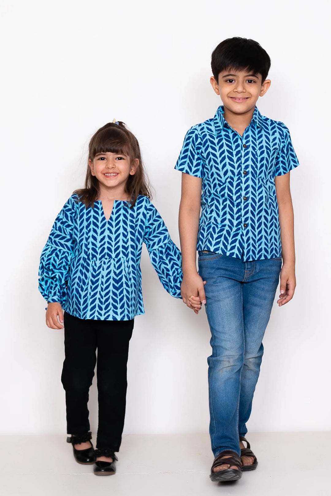 Blue Leaf Printed Matching Top & Shirt For Brother and Sister