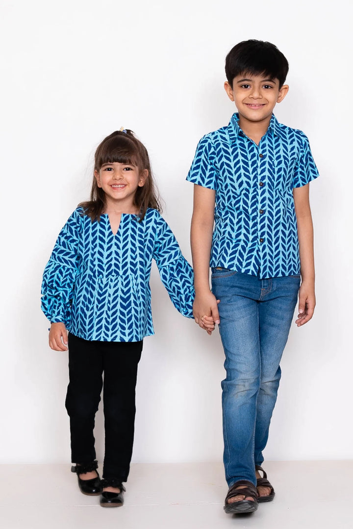 Blue Leaf Printed Matching Top & Shirt For Brother and Sister