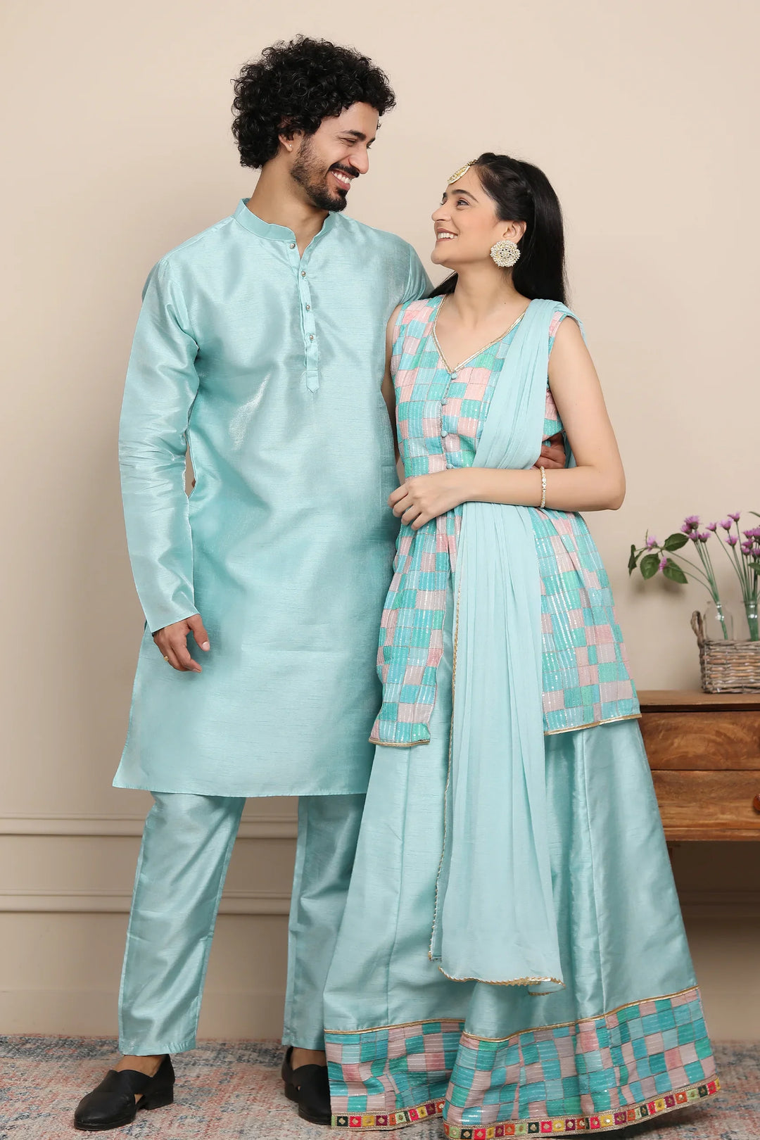 Aqua Blue Lehenga and Peplum Top Twin Set with Matching Kurta Pyjama Couple Set