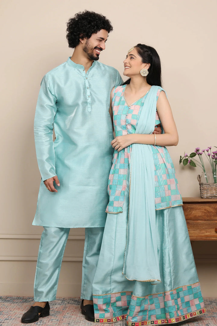 Aqua Blue Lehenga and Peplum Top Twin Set with Matching Kurta Pyjama Couple Set