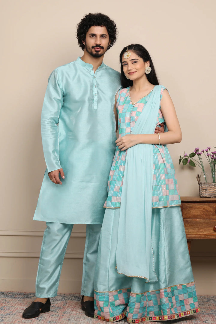 Aqua Blue Lehenga and Peplum Top Twin Set with Matching Kurta Pyjama Couple Set
