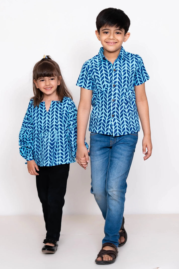 Blue Leaf Printed Matching Top & Shirt For Brother and Sister