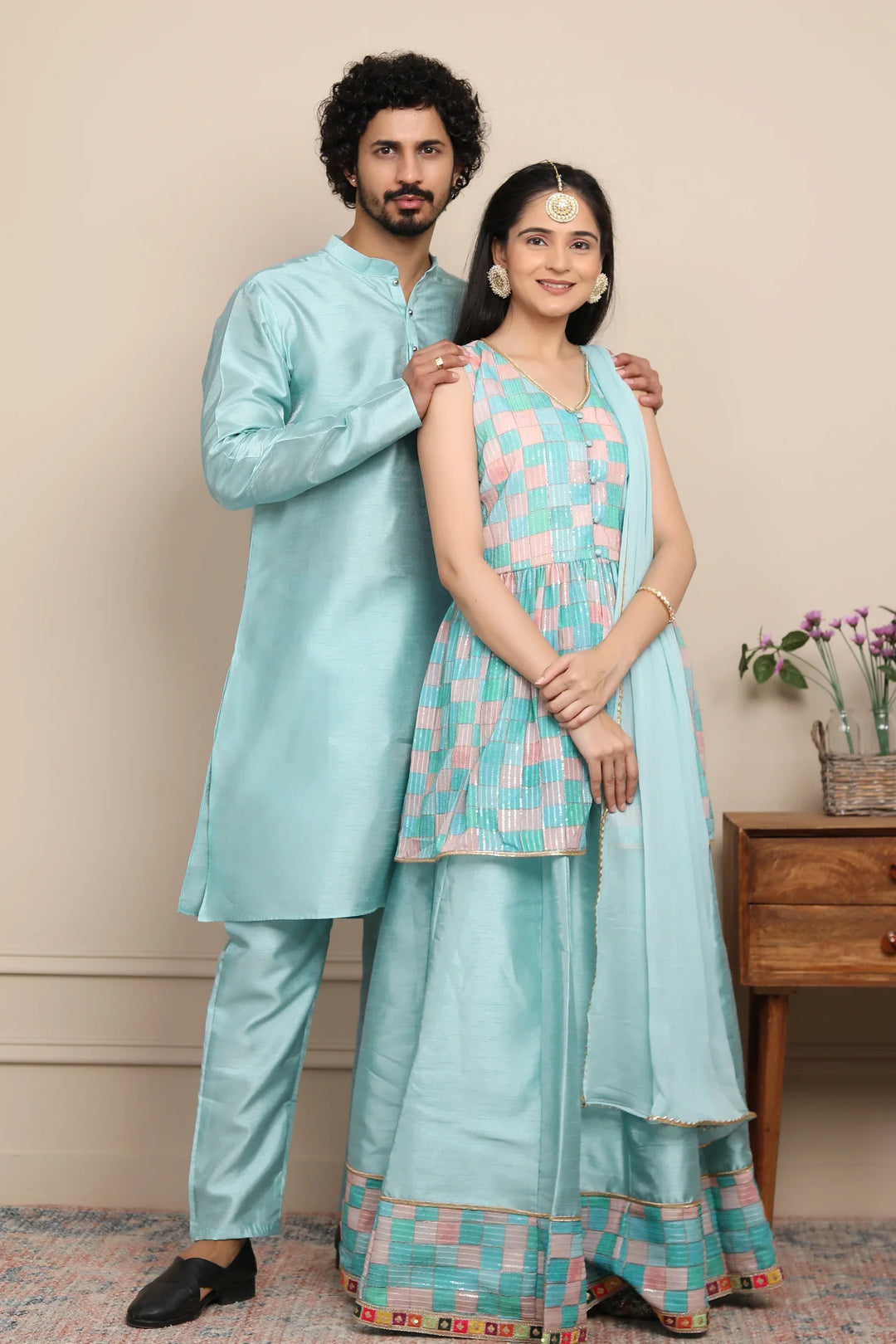 Aqua Blue Lehenga and Peplum Top Twin Set with Matching Kurta Pyjama Couple Set
