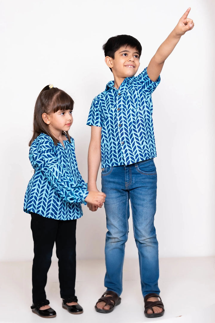 Blue Leaf Printed Matching Top & Shirt For Brother and Sister