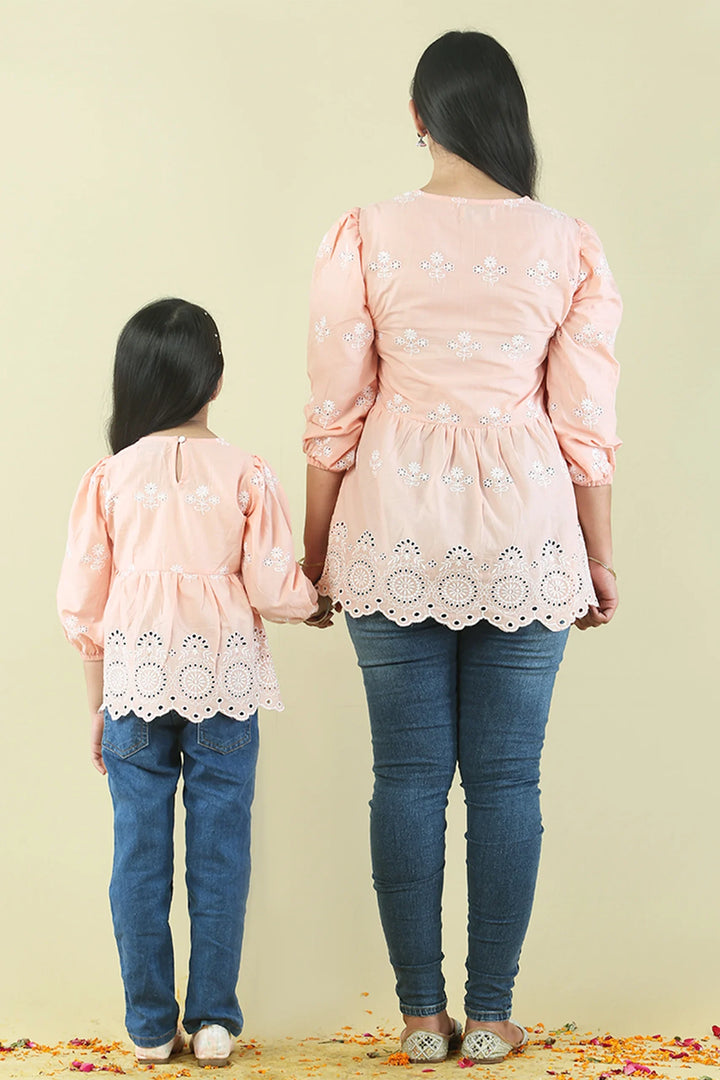 Peach Cutwork Tops Mom and Daughter Twin Set
