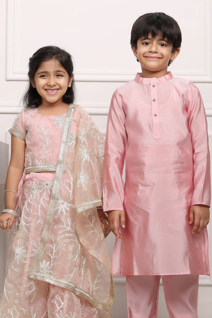 Peach Gota Patti Lehenga Choli with Matching Kurta Pyjama Twin Set