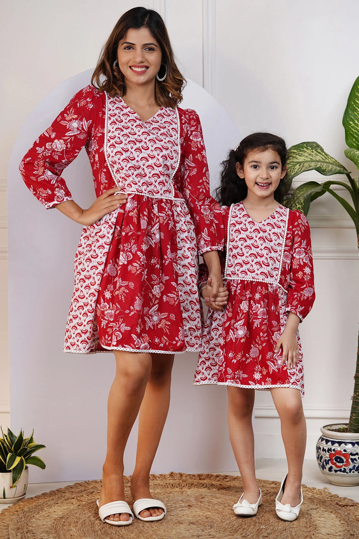 Matching Red and White Printed Dresses for Mom and Daughter