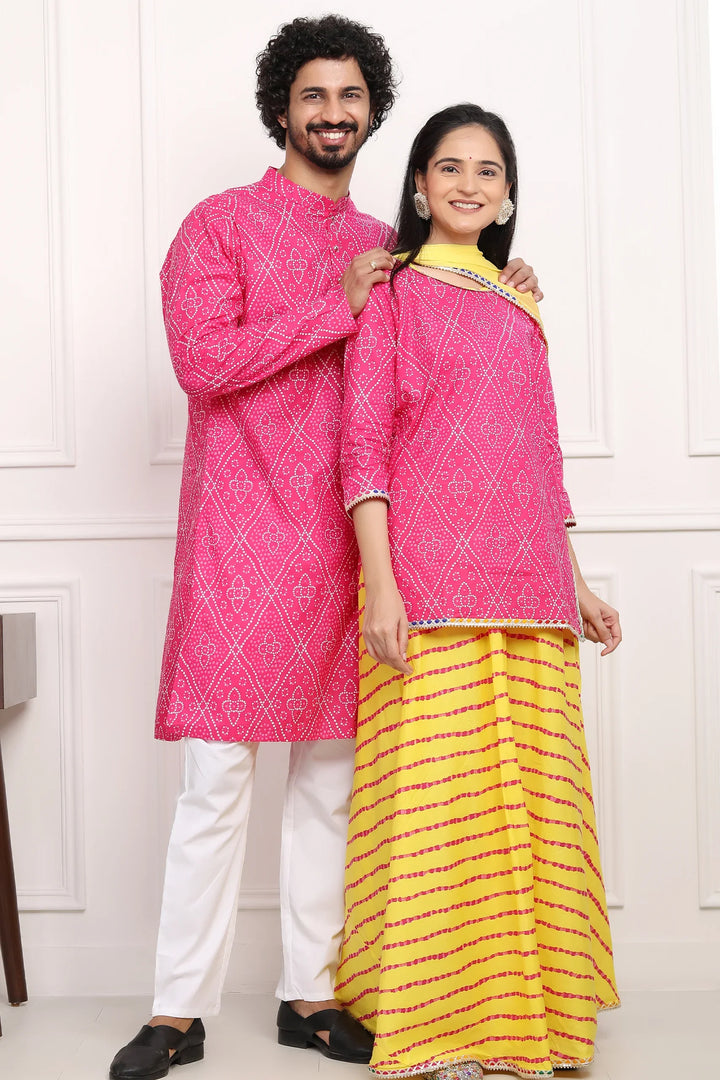 Fuchsia Jaipuri Kurta and Yellow Bandhani Lehenga Couple Set