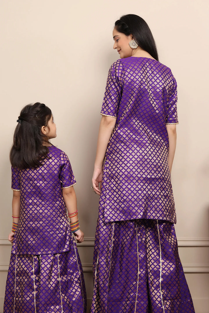 Elegant Purple Brocade Suits for Mom and Daughter
