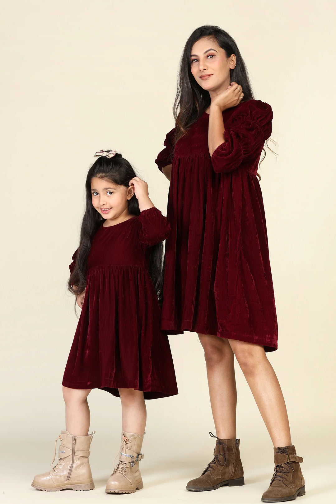 Mom & Daughter Duo: Stunning Maroon Velvet Samaira Dresses