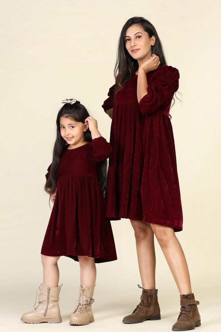 Mom & Daughter Duo: Stunning Maroon Velvet Samaira Dresses