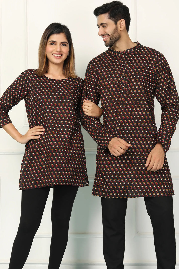 Black Printed Short Kurti & Matching Kurta Couple set