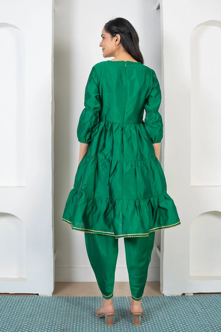 Green and Golden Tiered Kurta with Dhoti for Women