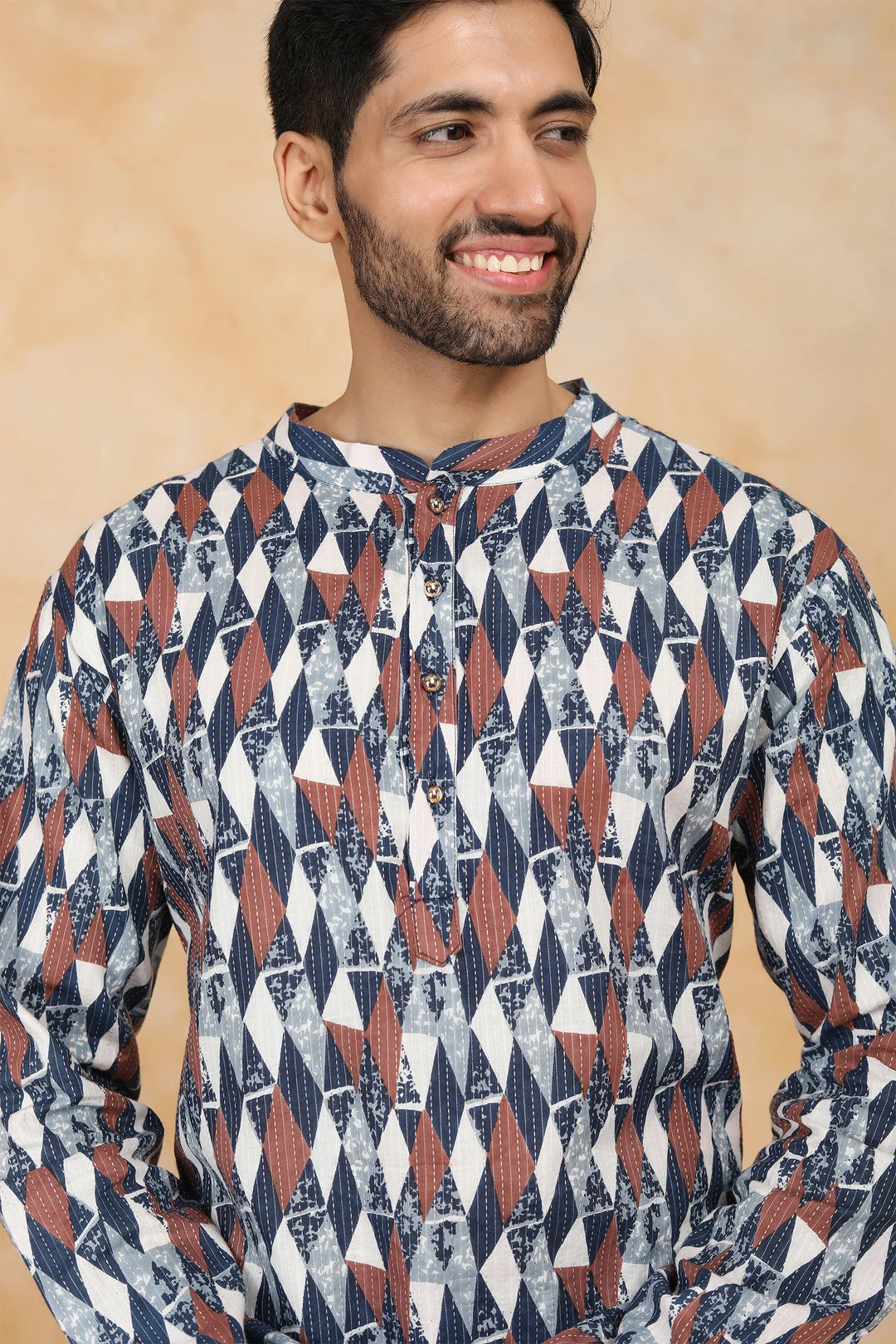 Navy  Blue & White Ikkat Printed Kurti with Matching Kurta Couple Twin Set