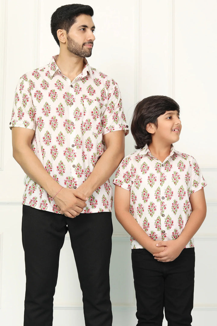 White and Red Block Printed Matching Shirt Father & Son Twin Set