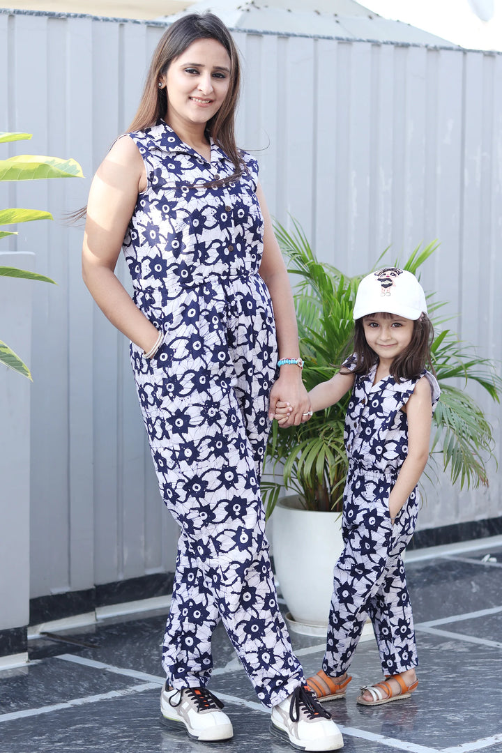 Navy Blue And White Printed Jumpsuit and Shirt Family Twin Set