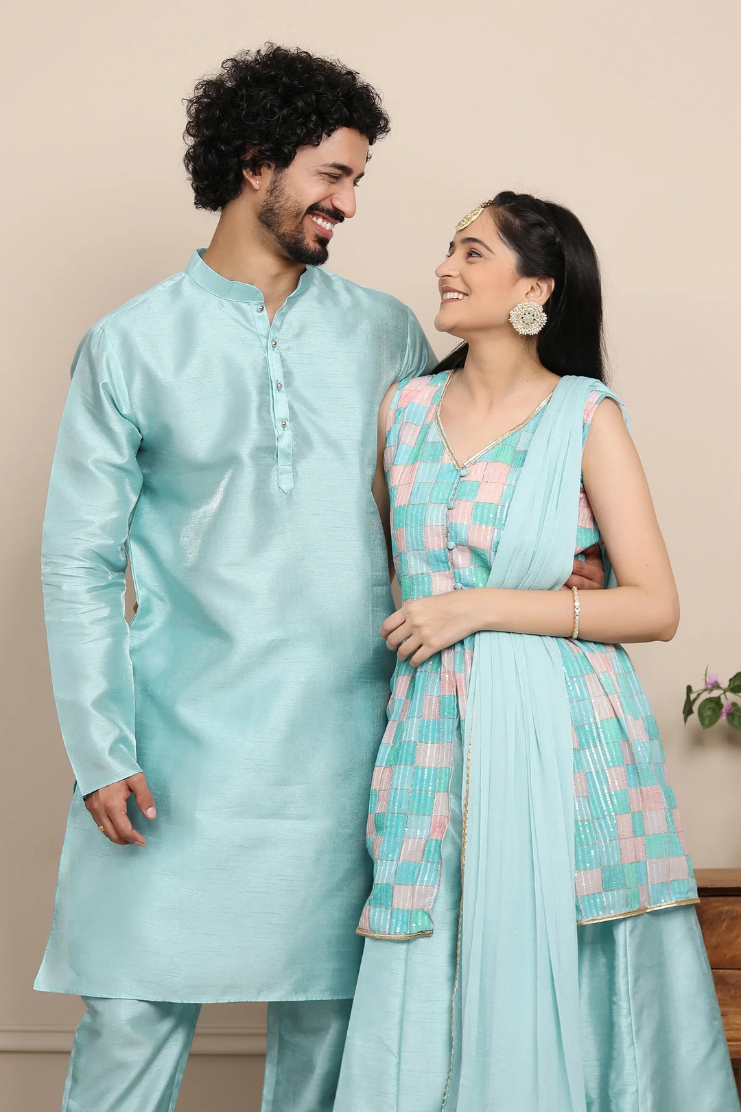 Aqua Blue Lehenga and Peplum Top Twin Set with Matching Kurta Pyjama Couple Set