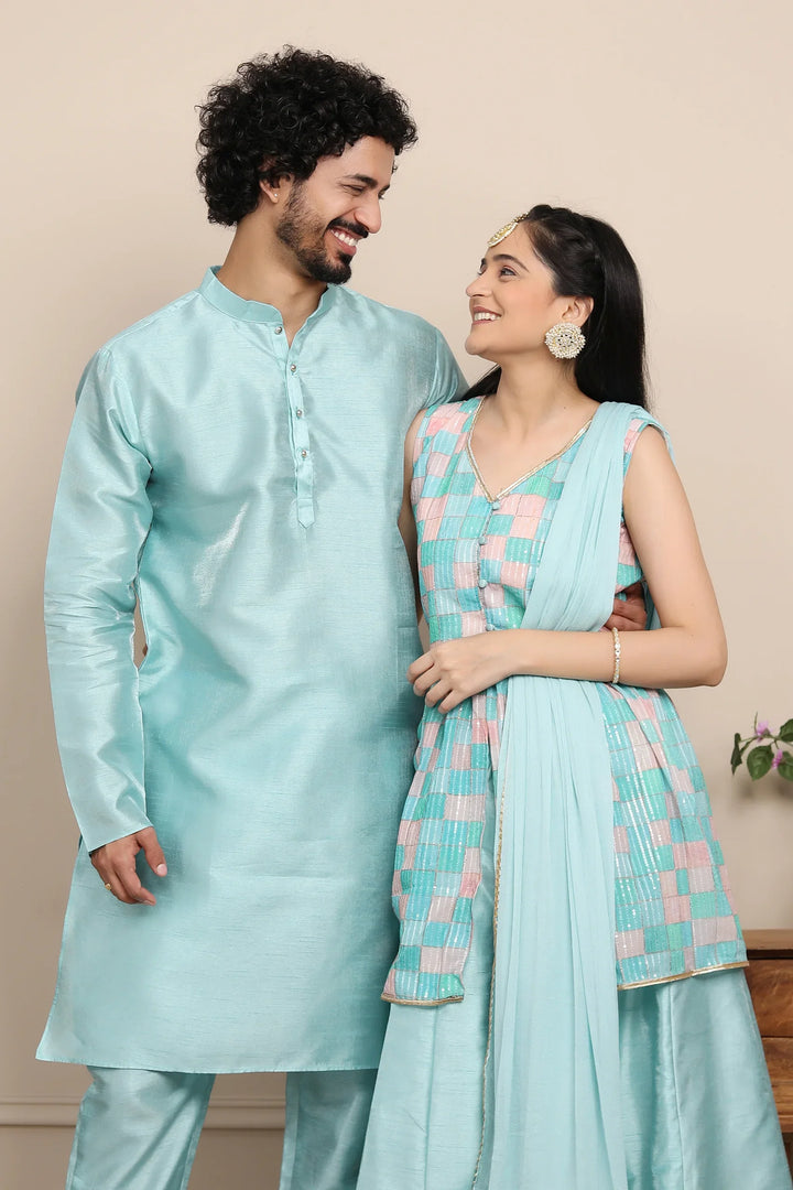 Aqua Blue Lehenga and Peplum Top Twin Set with Matching Kurta Pyjama Couple Set