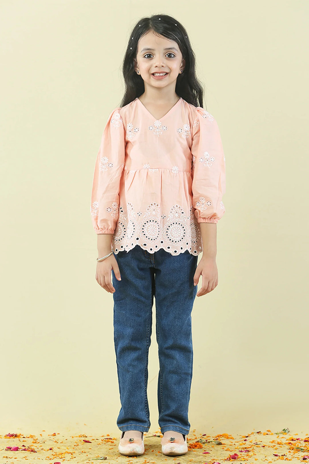 Peach Cutwork Tops Mom and Daughter Twin Set