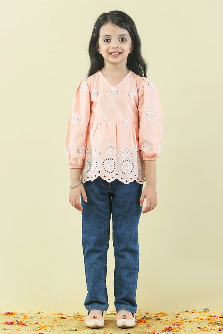 Peach Cutwork Tops Mom and Daughter Twin Set