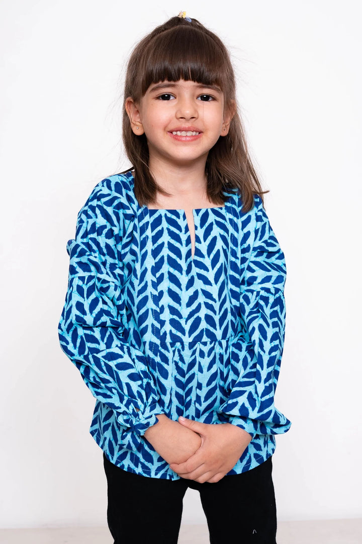 Blue Leaf Printed Matching Top & Shirt For Brother and Sister