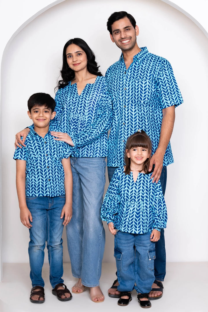 Blue Leaf Printed Family Sets with Matching Tops & shirts
