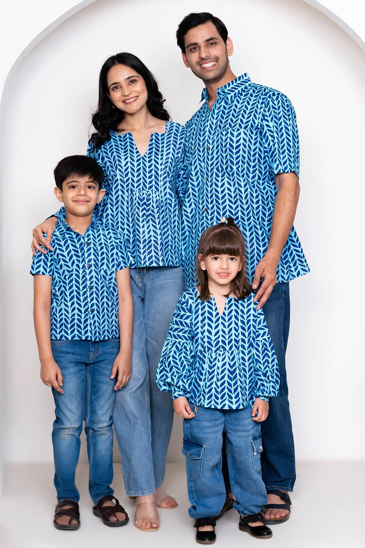 Blue Leaf Printed Family Sets with Matching Tops & shirts