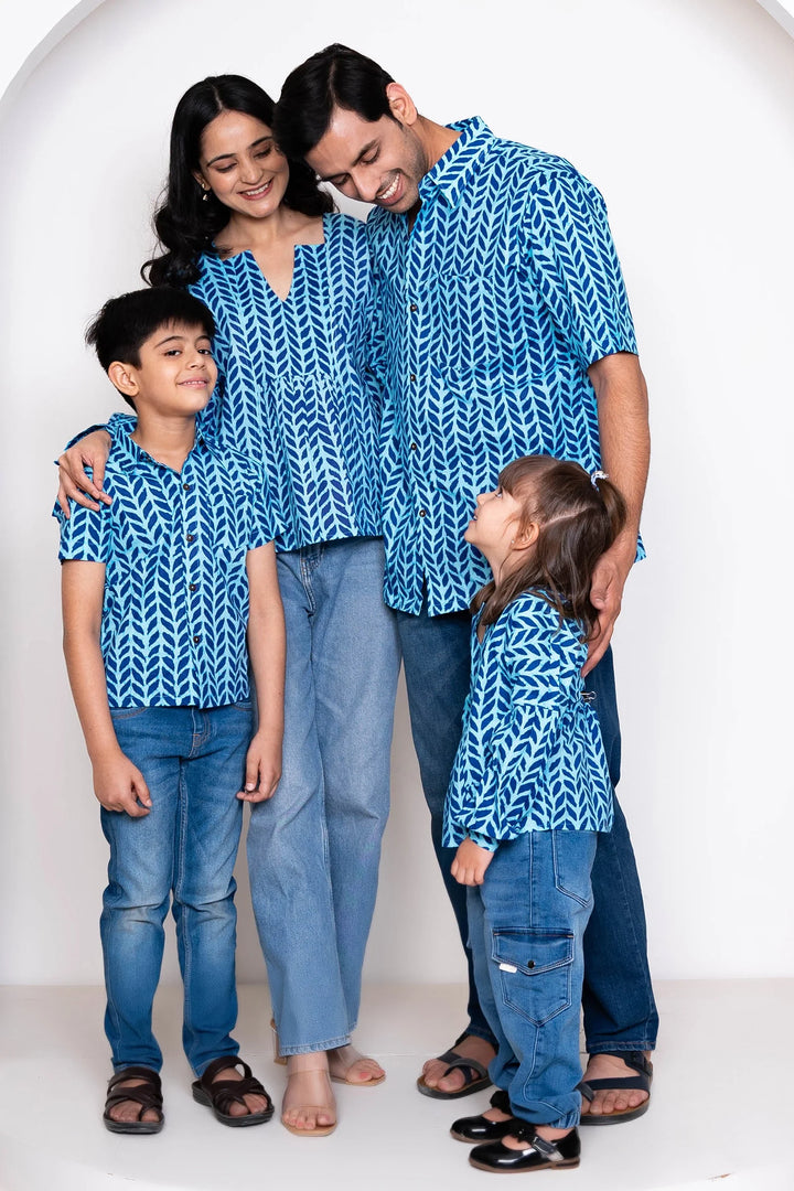 Blue Leaf Printed Family Sets with Matching Tops & shirts