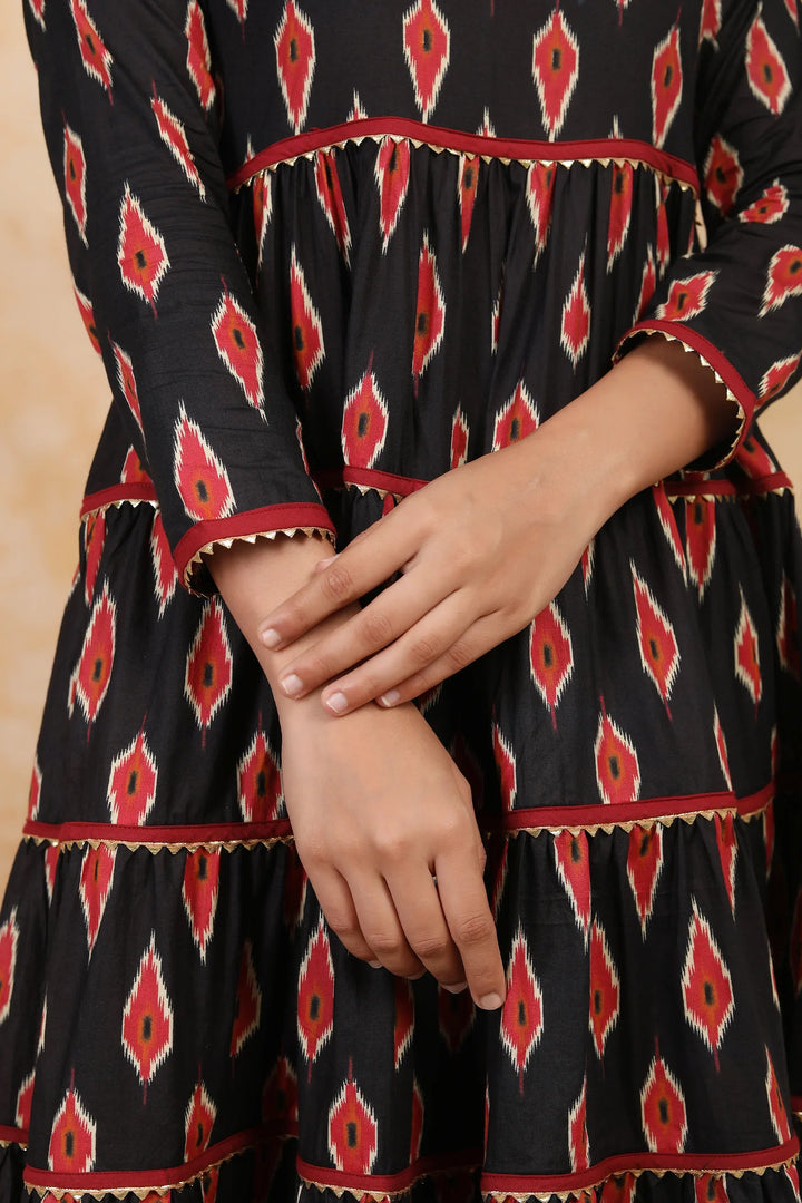 Ikkat Printed Gown Set in Black and Red for Mother and Daughter Twin