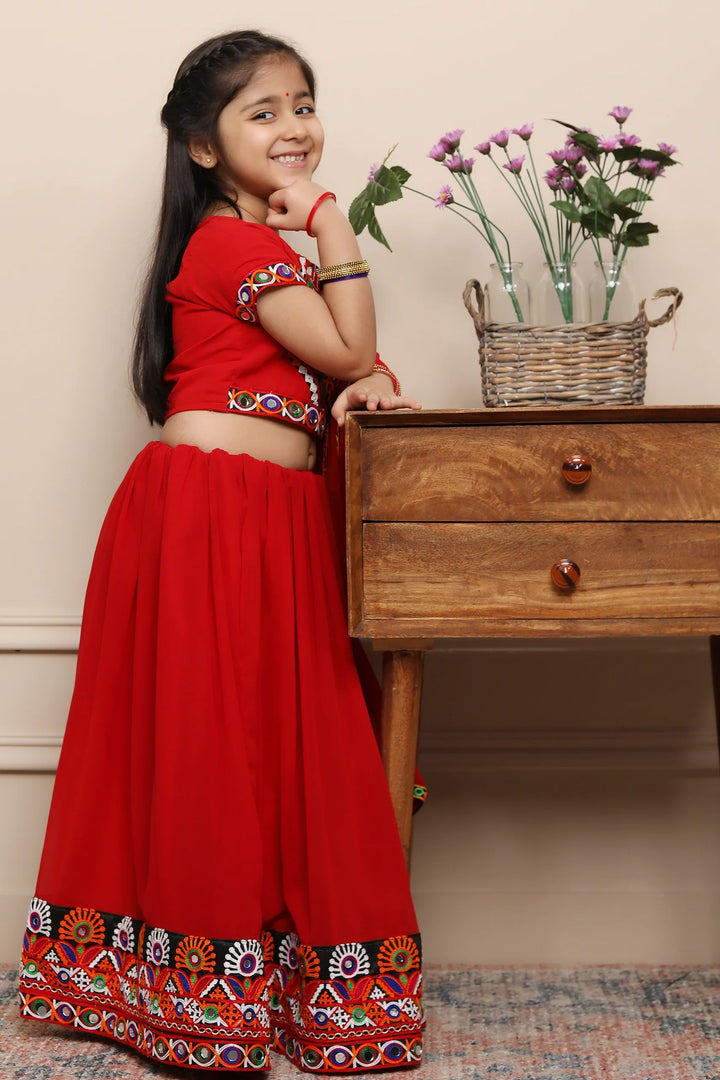 Exclusive Hand Embroidered Ethnic  Red Chaniya Choli Set with Matching Dupatta For Kid