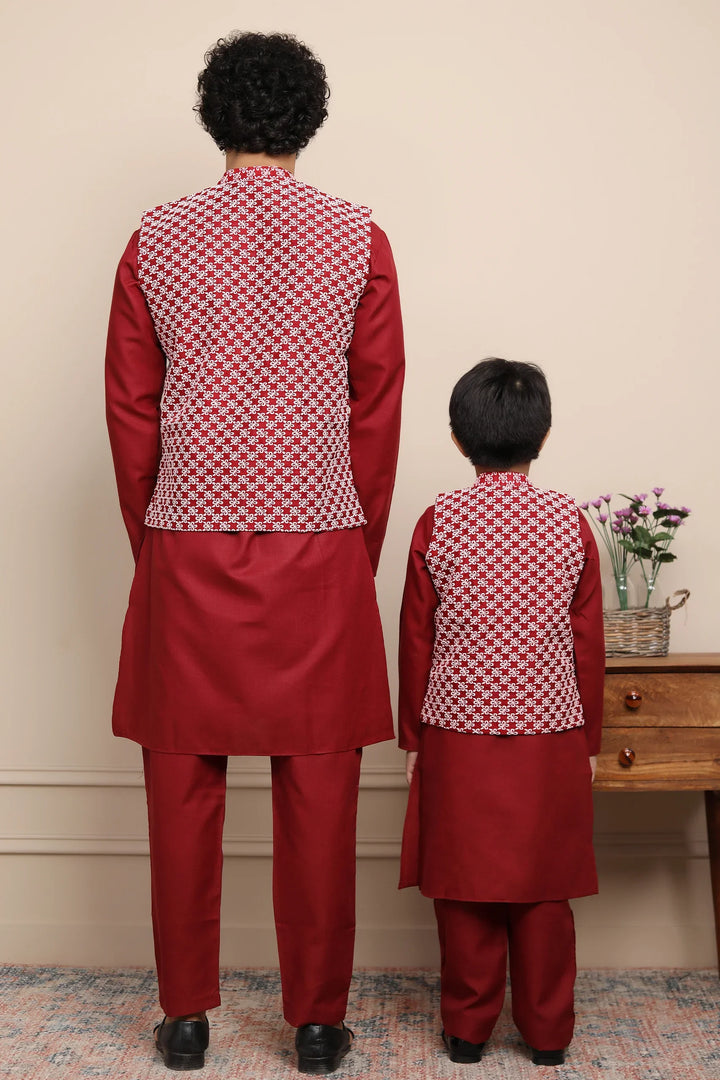 Maroon Kurta Pyjama With Embroidered Jacket Father & Son Twin Set