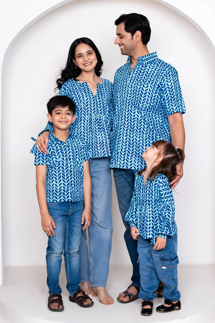 Blue Leaf Printed Family Sets with Matching Tops & shirts