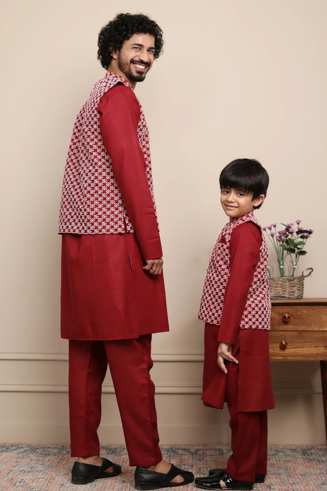 Maroon Kurta Pyjama With Embroidered Jacket Father & Son Twin Set