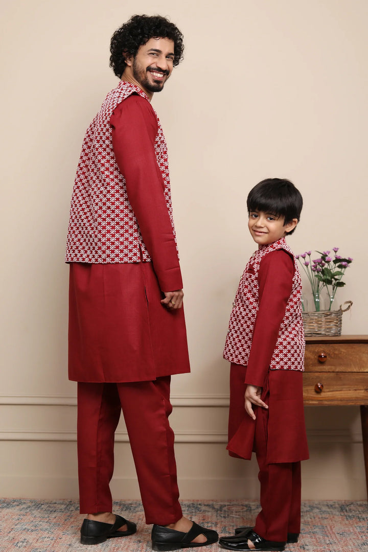 Maroon Kurta Pyjama With Embroidered Jacket Father & Son Twin Set