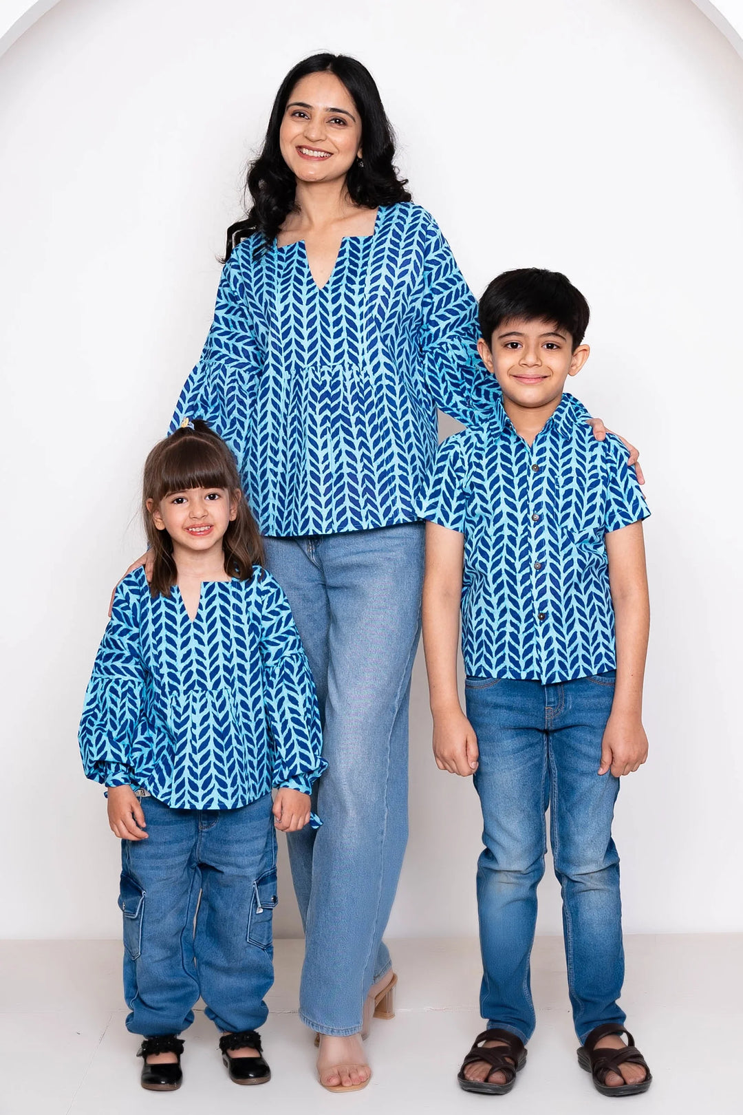 Blue Leaf Printed Family Sets with Matching Tops & shirts