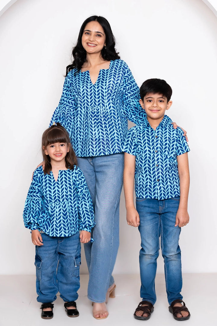 Blue Leaf Printed Family Sets with Matching Tops & shirts