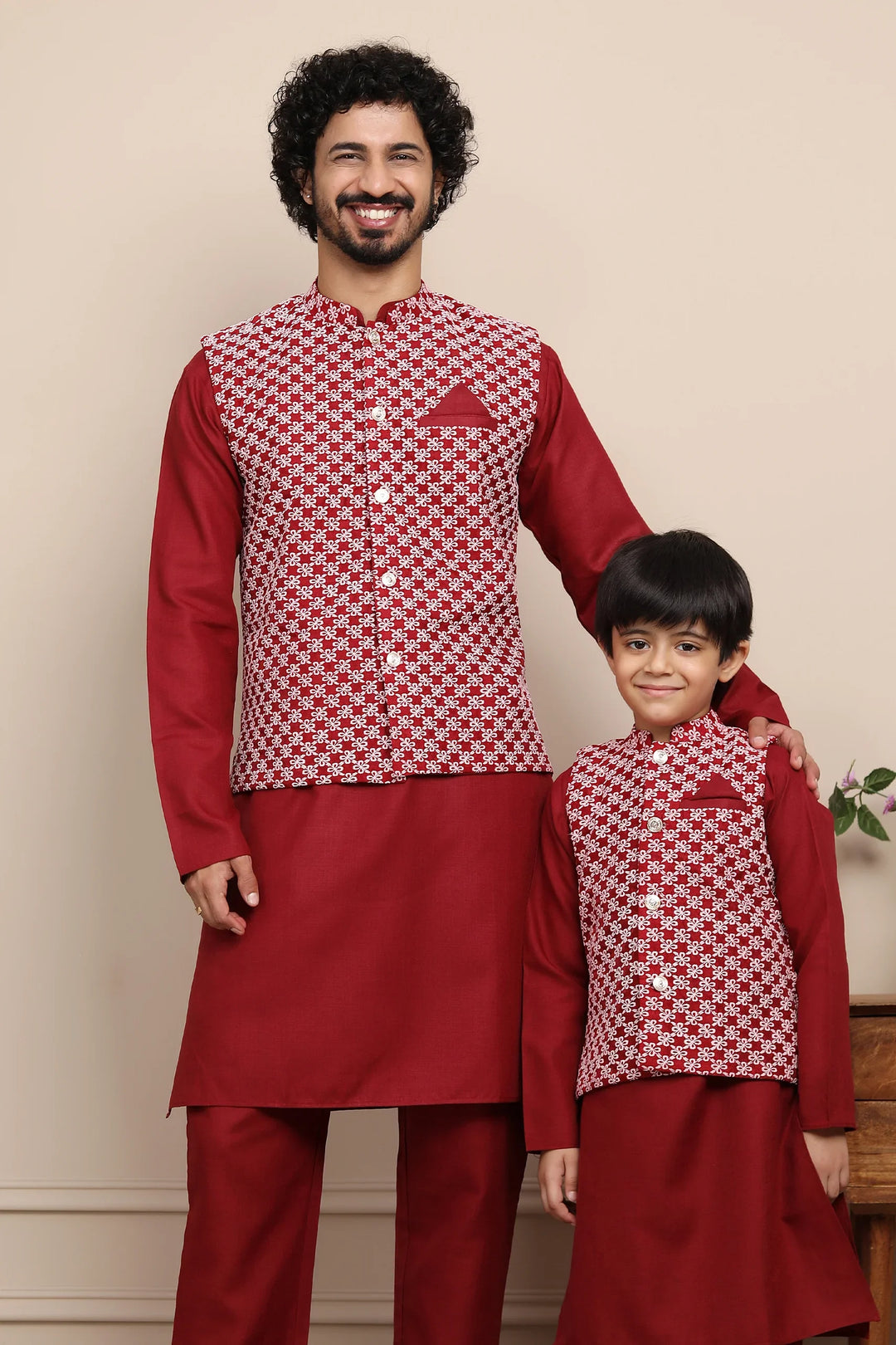 Maroon Kurta Pyjama With Embroidered Jacket Father & Son Twin Set
