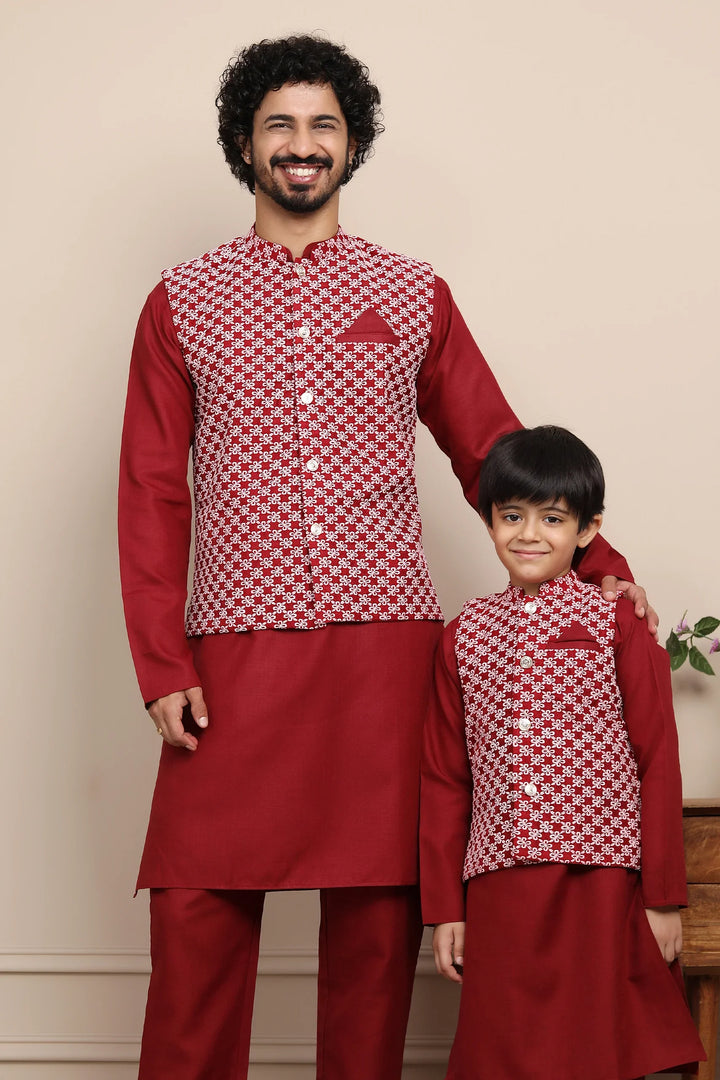 Maroon Kurta Pyjama With Embroidered Jacket Father & Son Twin Set
