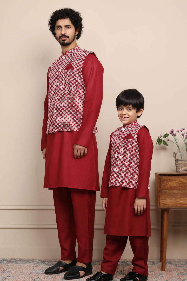 Maroon Kurta Pyjama With Embroidered Jacket Father & Son Twin Set